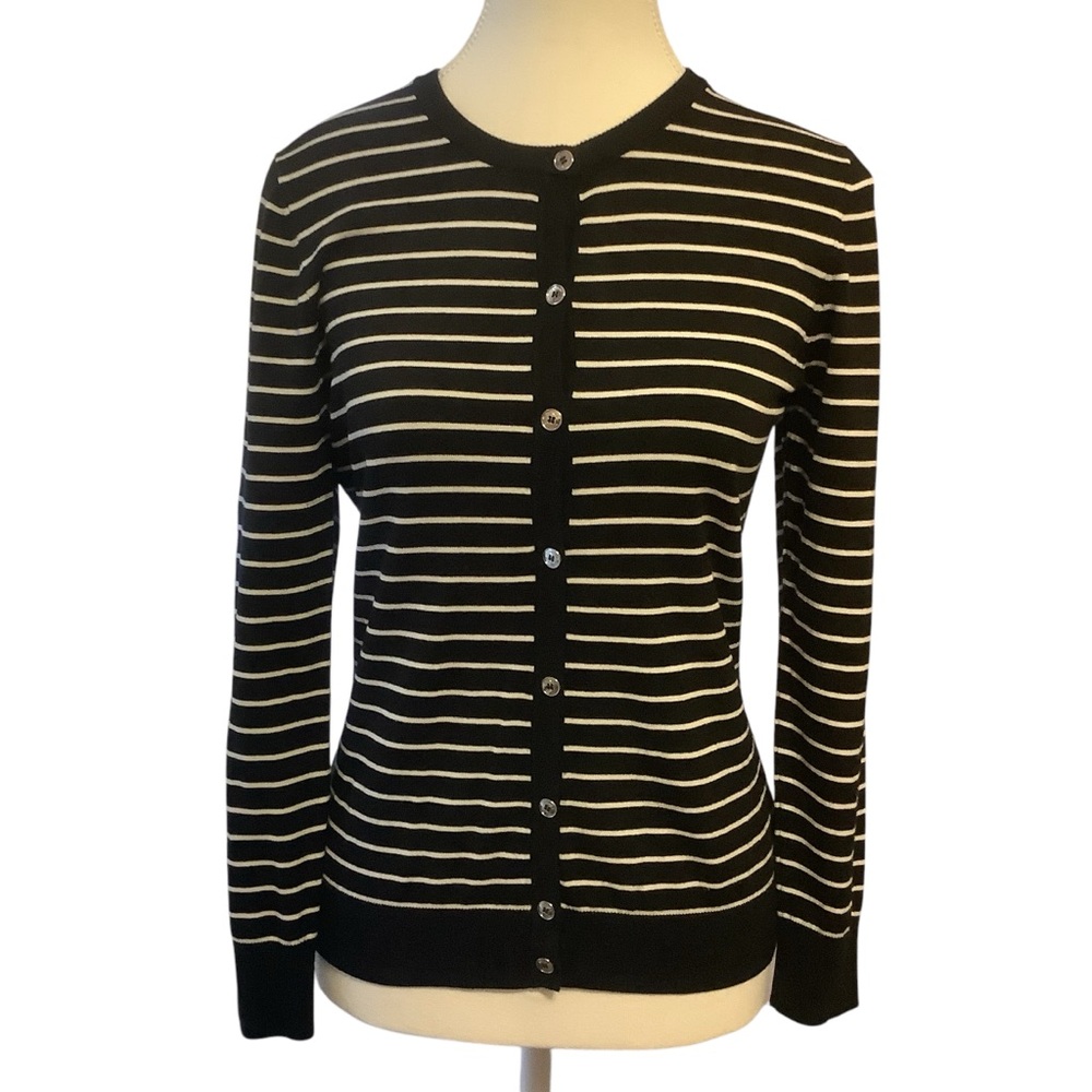 Jones New York Striped Cardigan Sweater Black & White Button Front Size Small